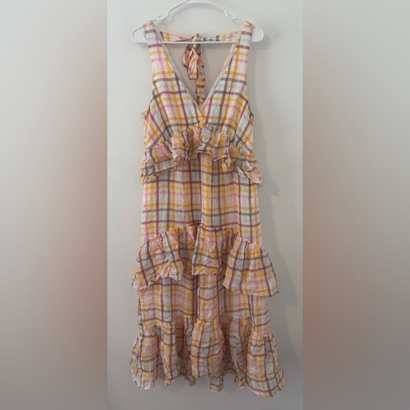 CINQ A SEPT Astor Plaid Poplin Midi Dress Hi Low Tiered  Size 8 *Flaw* - Picture 1 of 13